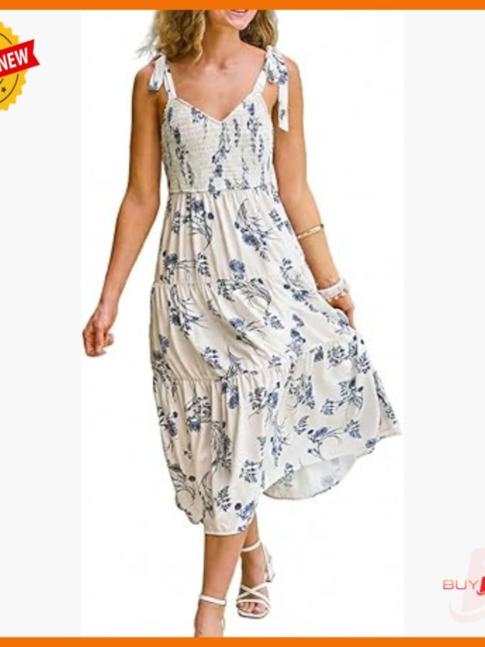 Boho Floral Midi Dress Tie Shoulder Sleeveless Smocked Sundress Summer